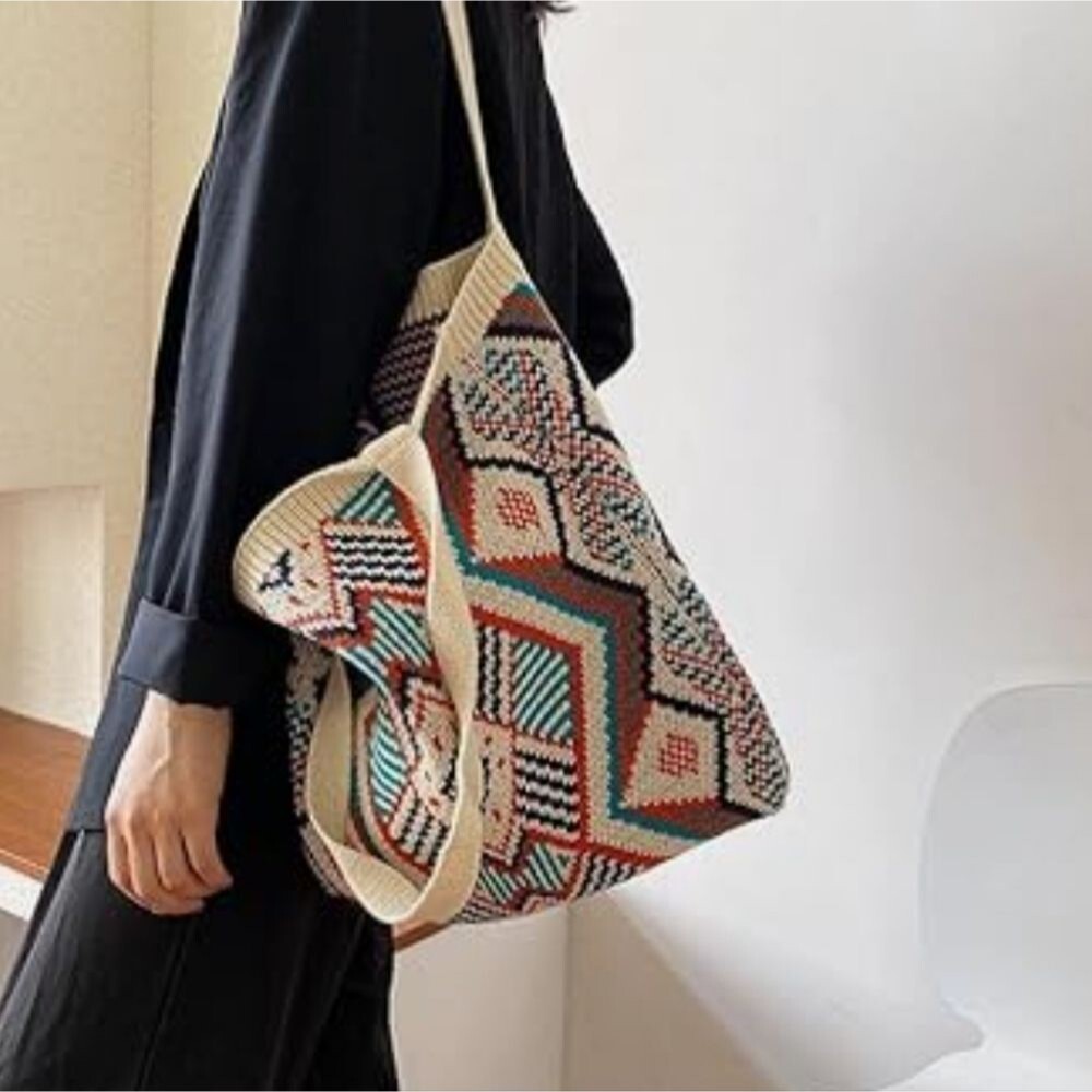 Bohemian knit tribal handbag Tote Bag turquoise coral cream - Picture 3 of 7
